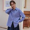Women's Blue Checkered Oversized Shirt with Red Button Casual Loose Blouse