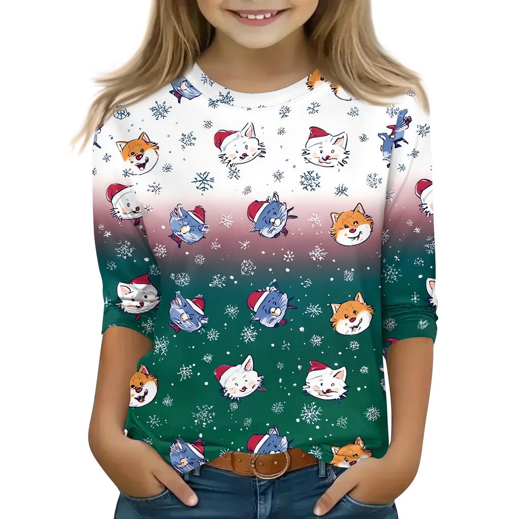 Christmas Children's 3/4 Sleeve Tops Casual  Printed Daily T Shirt Round Neck Pullover Blouse