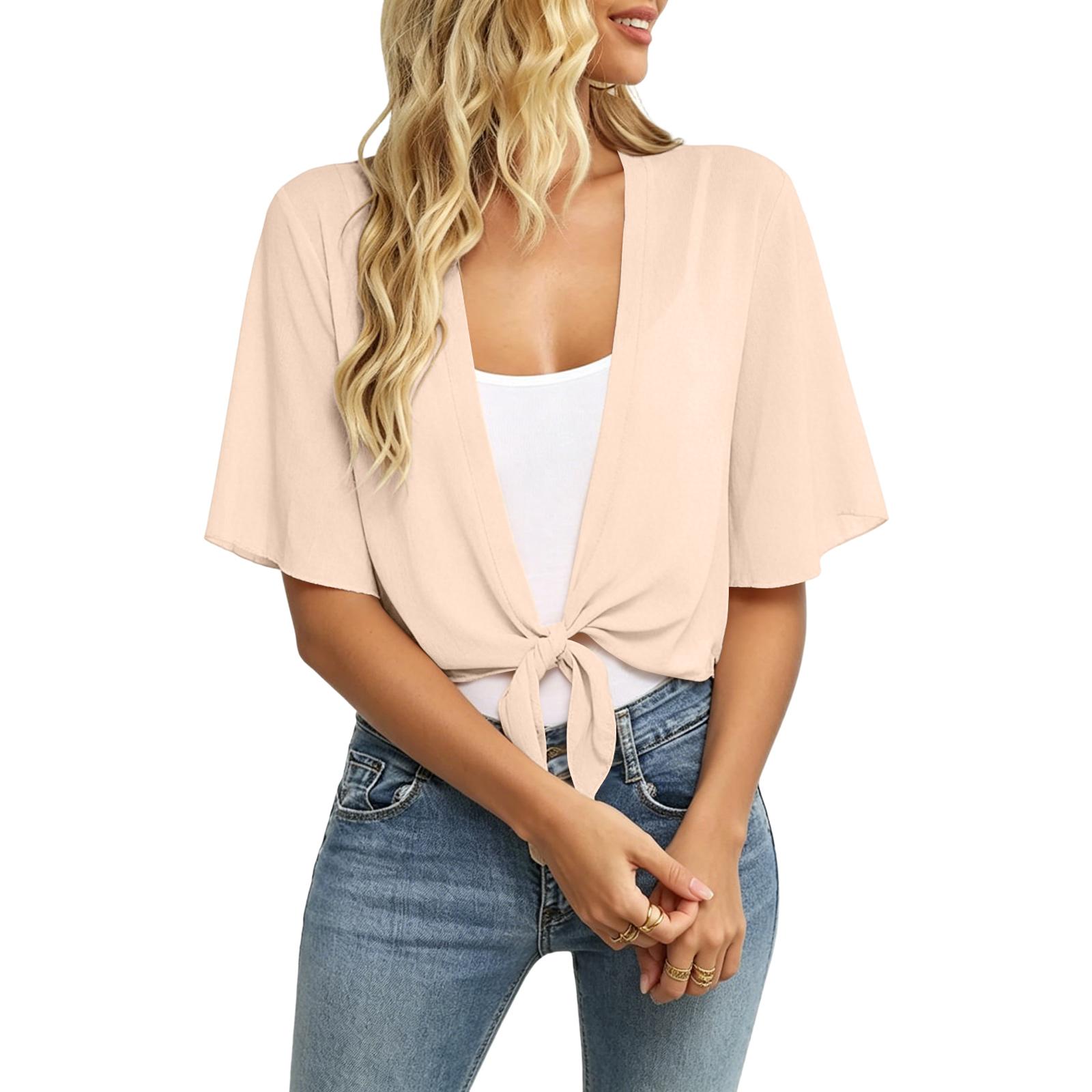 

Women’s Short Sleeve Front Tie Blouse Loose Fit Lightweight Open Front Cardigan Casual Summer Fashion Top for Ladies L бежевый