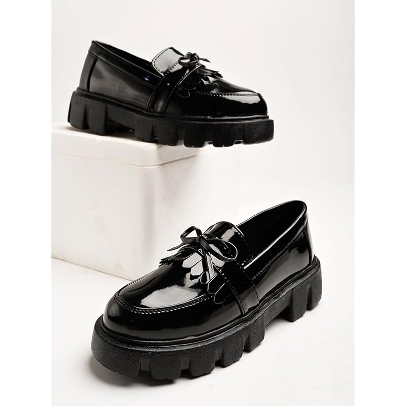 Shoetopia Front Tie Detailed Black Loafers For Women & Girls-Eu40 7 UK чёрный