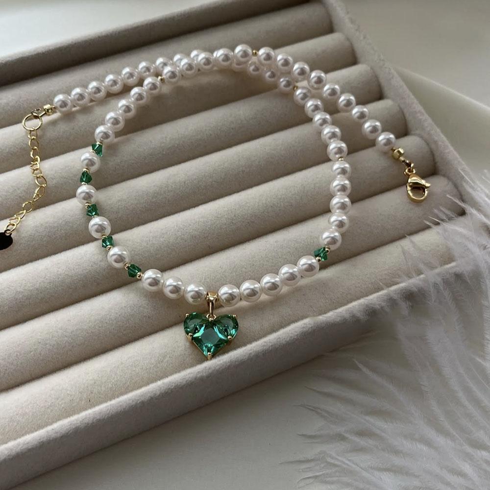Trend Elegant Beach Jewelry Wedding Big Imitation Pearl Choker Necklace For Women Crystal Heart Pendant Necklace