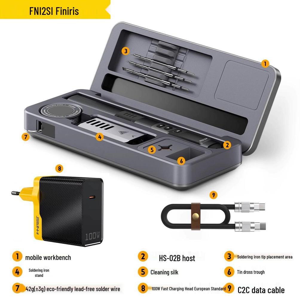 FNIRSI HS-02 Soldering Iron Set with Mobile Workbench and Storage Box