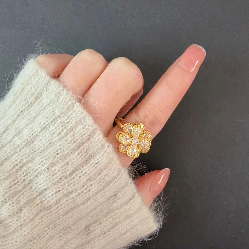 Offener Ring mit Zirkonia-Blume, Damen-Design, Nischenring, zweifarbig, Sonnenblume, doppelte Kamelie, personalisierbar, vielseitig verstellbar, Windmühlenring, Schmuck