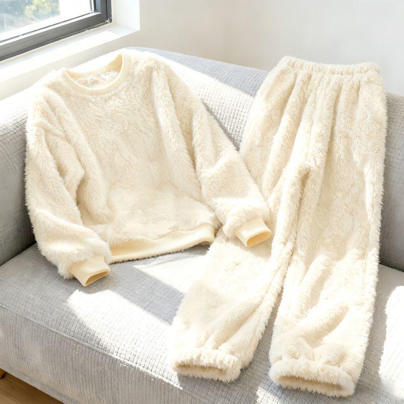 Autumn Winter Women plus size Pajamas Thickened Flannel Loungewear Crew Neck Loose Loungewear Set