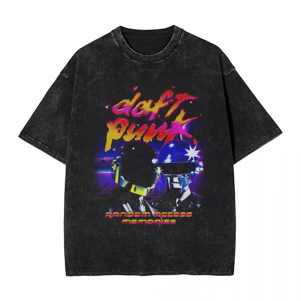 Daft Punk Vintage Washed T-Shirt Hip Hop Harajuku Streetwear Kurzarm Tops T-Shirt Herren Damen Übergroß Locker Lässig