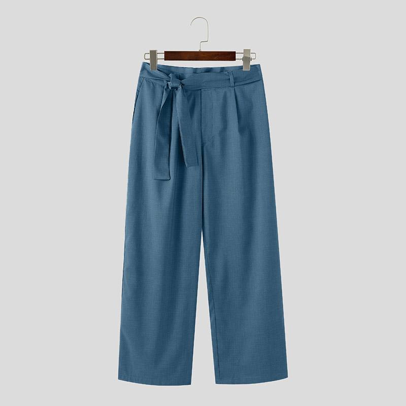 

INCERUN Мужские Бинтовые Брюки на Молнии с Поясом Однотонные Повседневные Длинные Прямые XL синий