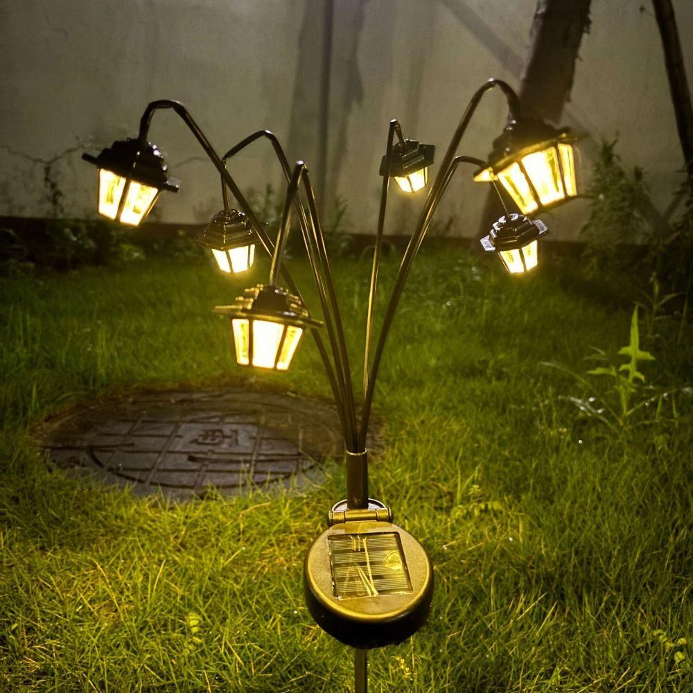 Retro Style Solar-Powered Retro Lantern Light 6LED Hexagonal Design Solar Decorative Light 8-Mode Street Lamp Light Garden Use
