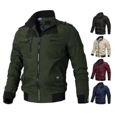 Autumn Winter Men Stand Collar Long Sleeve Jacket Multi Pockets Elastic Hem Zipper Placket Windbreaker Jacket Coat