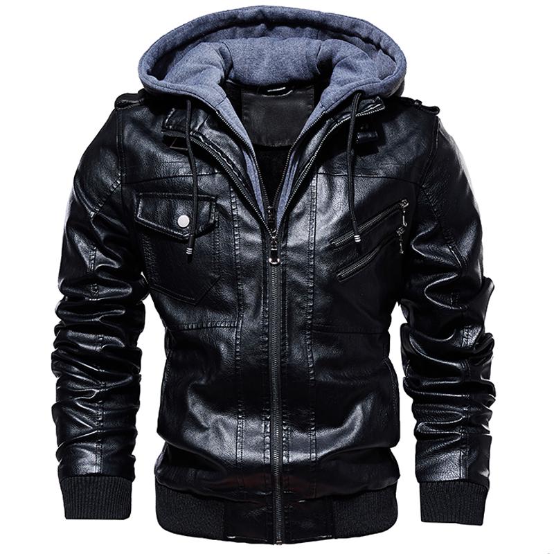 Autumn Winter Hooded Jacket Men Hat Detachable Motorcycle Biker Jackets Casual Pu Leather Coat