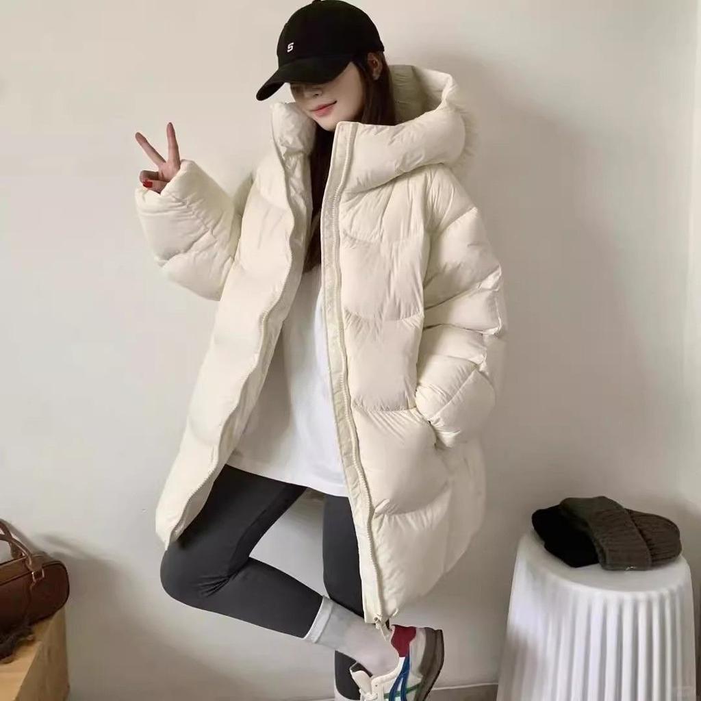 Women's Mid-length New Style Cotton Coat, Simple Hooded Puff Korean Style Loose Thickened Cotton Jacket