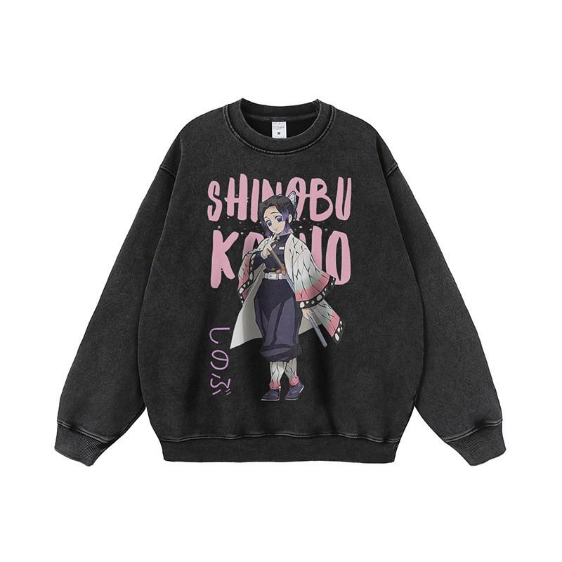 Unisex Oversized Cartoon Anime Print Washed Vintage Hoodie Cotton Long Sleeve Loose Fit Streetwear