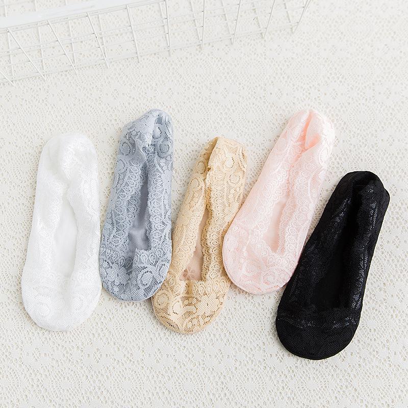 5 Paar Sommer Damen Mädchen Silikagel Spitze Knöchelsocken Unsichtbar Baumwollsohle Rutschfest Anti-Rutsch Hausschuhe Anti-Rutsch Socke