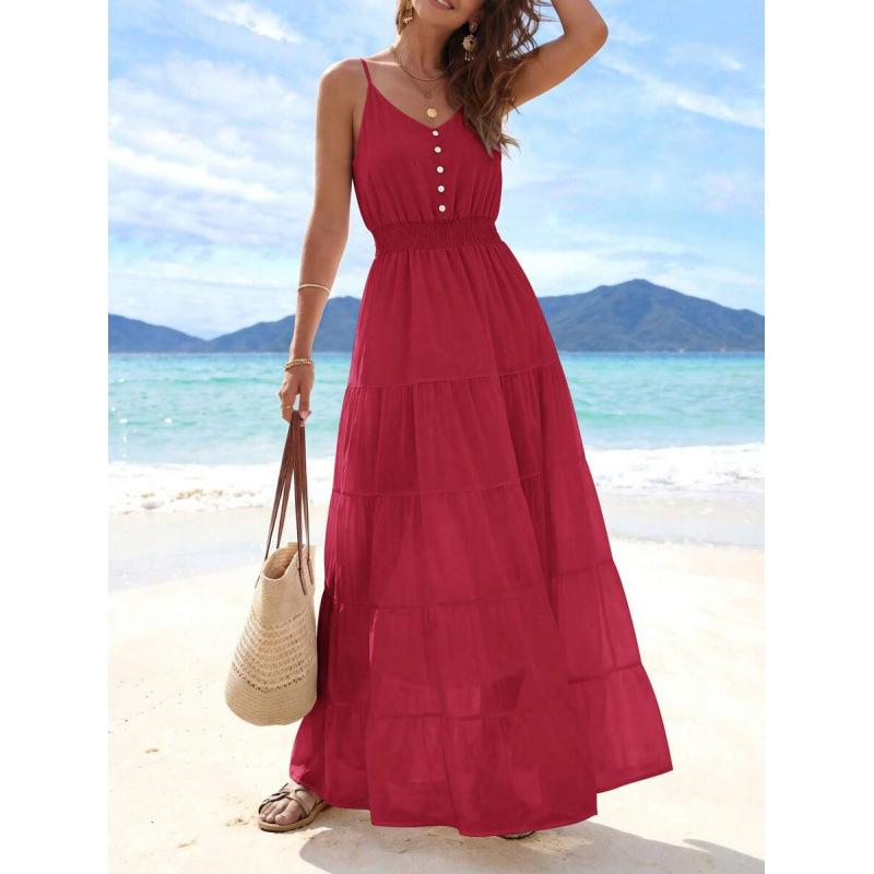 Europe, America 2026 Summer New Simple High Waist and Thin Casual Beach Vacation Suspender Dress