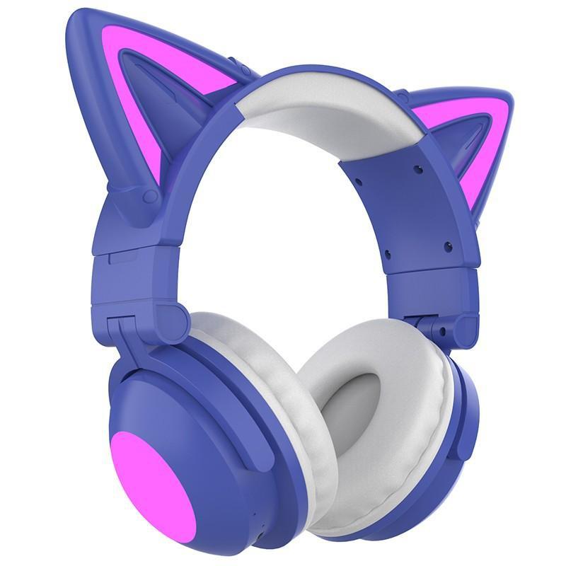 Căști de gaming cu LED, cu ureche de pisică, pliabilă, montată pe cap, Căști Bluetooth 5.0, căști fără fir adevărate cu microfon