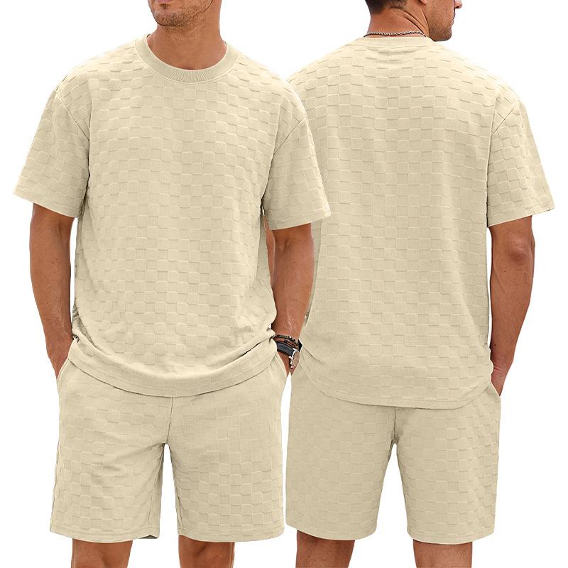 Men Waffle Grid Textured 2 Piece Outfits, Crew Neck Short Sleeve T‑Shirt Drawstring Elastic Waist Shorts Casual Summer Track Suit Set Multiple Colors