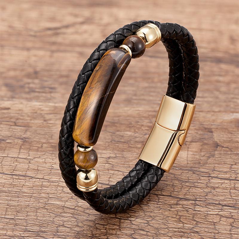 Minimalist Crystal Stone Bracelet Braided Leather Cord Stainless Steel Chain Waterproof Jewelry for Men Women Daily Use