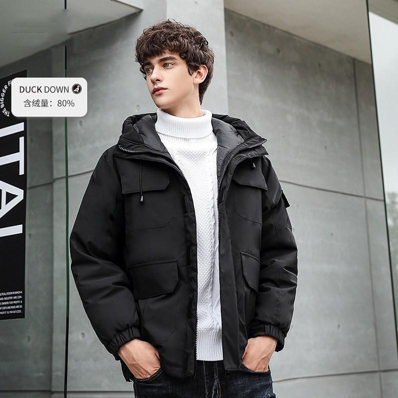 Mens Mid-Length Hooded Down Jacket 75% White Duck Warm Winter Coat Loose Fit Workwear Style
