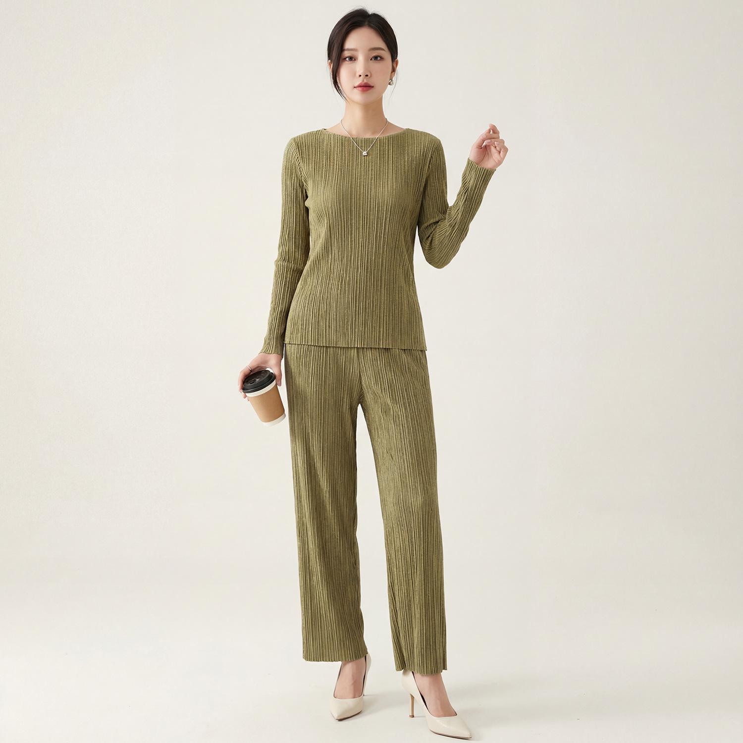 

Women s High-End Round Neck Long Sleeve T-Shirt and Straight Leg Pants Two-Piece Set - Miyake Fashion Suit Top only армия зеленый