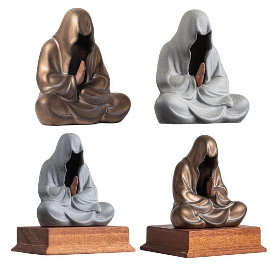 Sedící soška Buddhy Čajový mazlíček Keramická beztvářá zenová figurka Ručně vyráběná čajová souprava Kung Fu Dekor Feng Shui pro domov, kancelář, meditační stůl, ozdoba