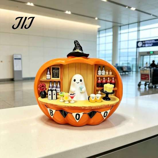 Halloween Pumpkin Bar Ornament Counter Figurine, Cute Ghost Bartender Mini Spooky Tabletop Figurine Scene Statue, Desktop for Home Party Display