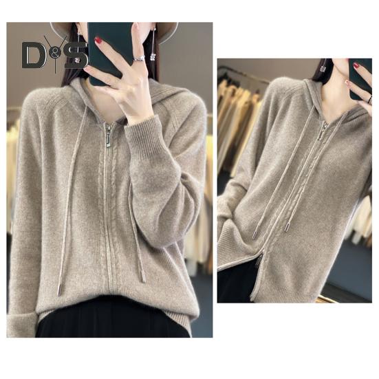 Women Sweater Coat Hooded Drawstring Long Sleeve Double Zippers Knitting Coat Solid Color Loose Fit Jacquard Outwear