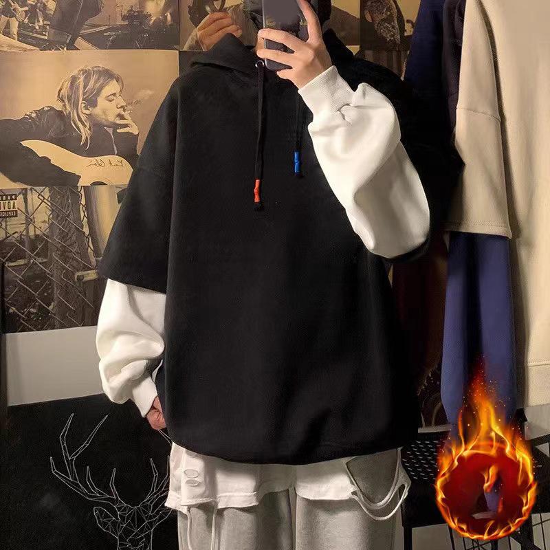 

Осень Весна Круглый вырез Длинный рукав Модные толстовки Мужские Уличный стиль Повседневные Свободные пуловеры Имитация двух частей Толстое худи на шнурке 3XL