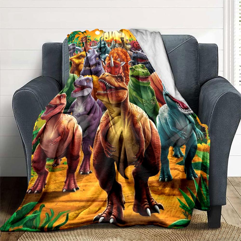 Colorful Jurassic Dinosaur Group Tropical Jungle Print Flannel Blanket Prehistoric Wildlife Throw Blanket Soft Cozy Home Sofa Bed Decor