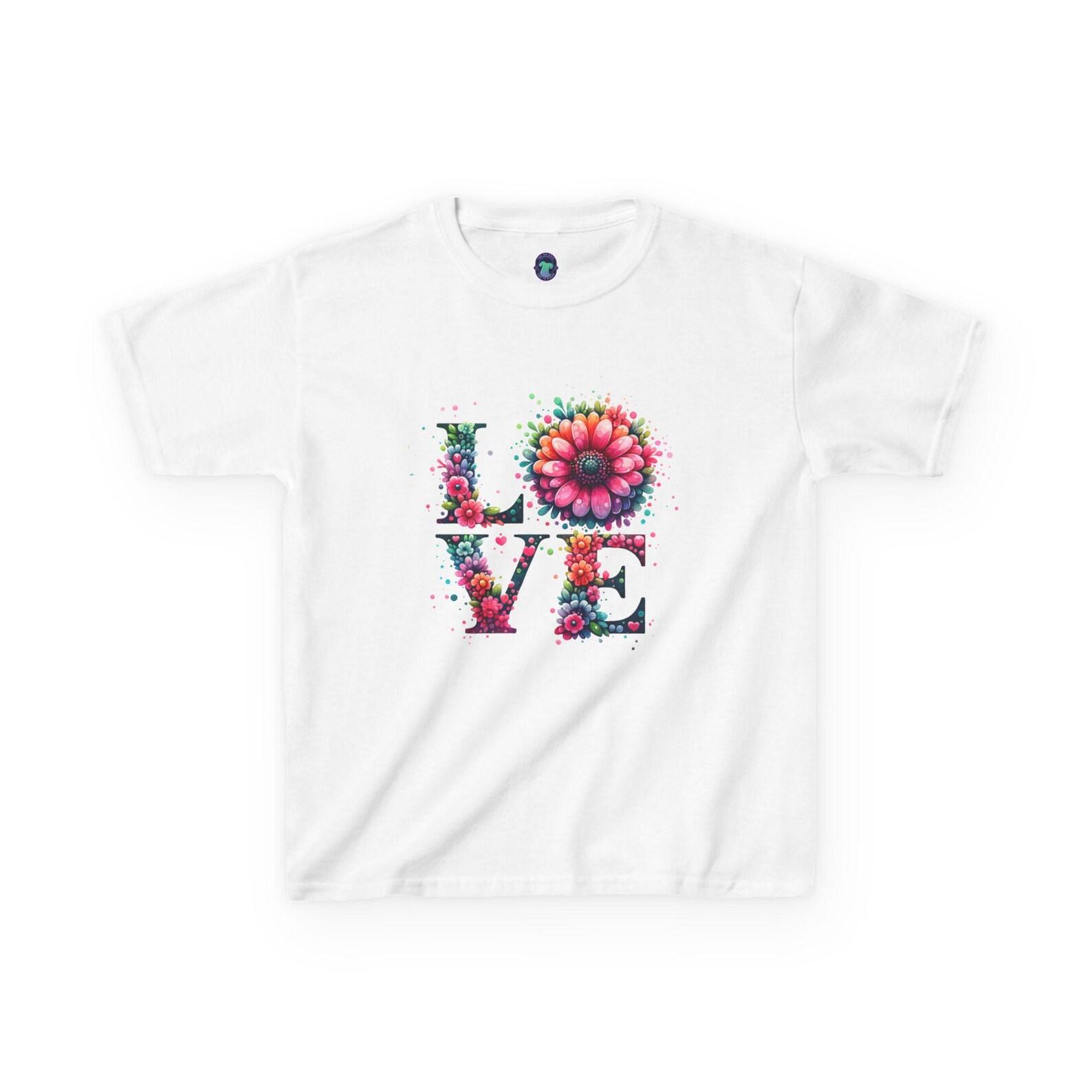 Kids Floral Love Tee, Colorful Kids T-Shirt, Fun Summer Top, Birthday Gift, Kids Love Shirt, Floral Graphic Tee 150