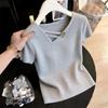 French Minimalist V-Neck Knitted Women's T-Shirt - Slim Fit, Short-Sleeve, 2026 Spring/Summer Design
