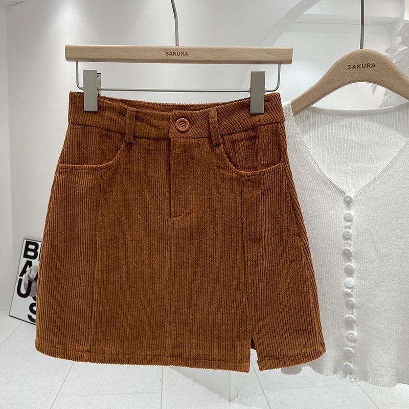 2024 Autumn Women's High-Waisted Corduroy A-Line Mini Skirt with Button, Slit, and Anti-Exposure Design - Korean Style Versatile Bodycon.