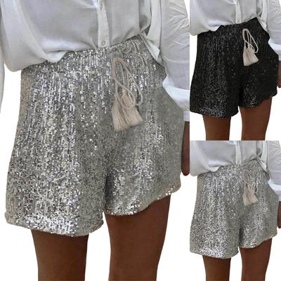 Women Summer Sequined Shorts High Waist Casual Loose A Line Shorts Shiny Clubwear Night Out Shorts Silver Black Shorts