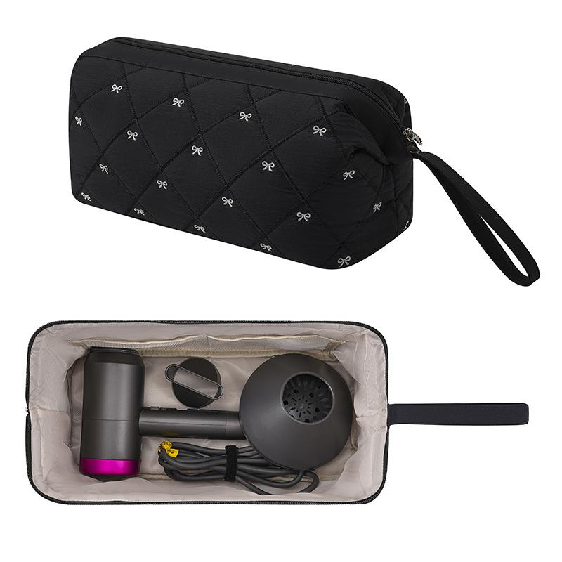 

1Pc Women Hair Dryer Storage Bag For Travel Cute Bow Embroidery Quilted Hair Tools Waterproof Zipper Cosmetic Bags чёрный