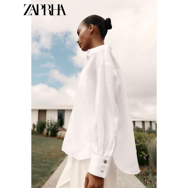 Zaprha 2025 Summer New Versitile Fashion Patchwork Button Decoration Linen Lapel Long Sleeve Shirts 8117707
