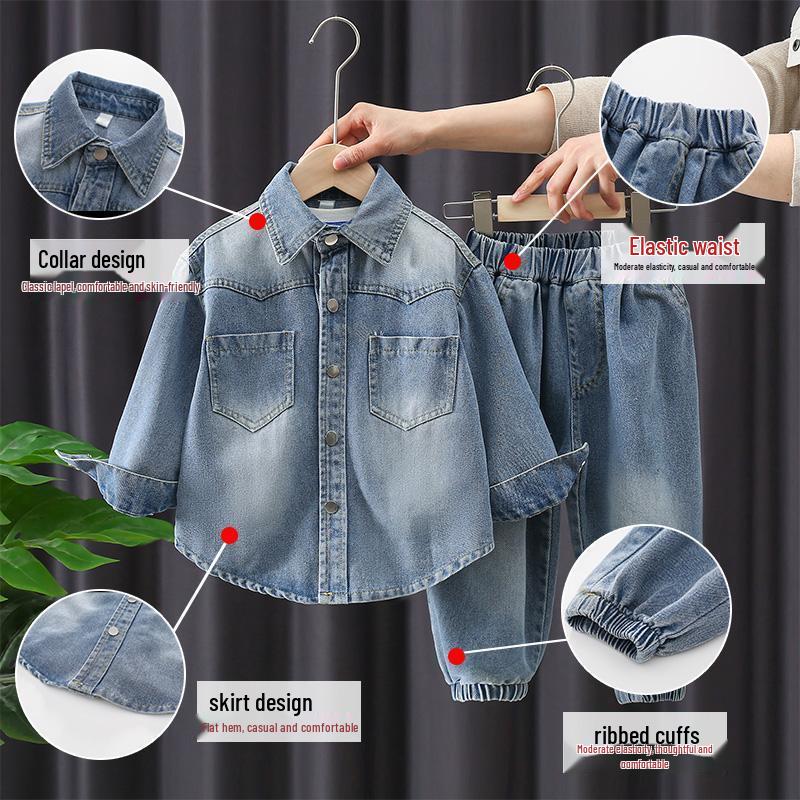 Boys' Denim Shirt & Jacket Set - Trendy Spring/Autumn Outfit for Toddlers - Stylish Internet Celebrity Two-Piece Ensemble