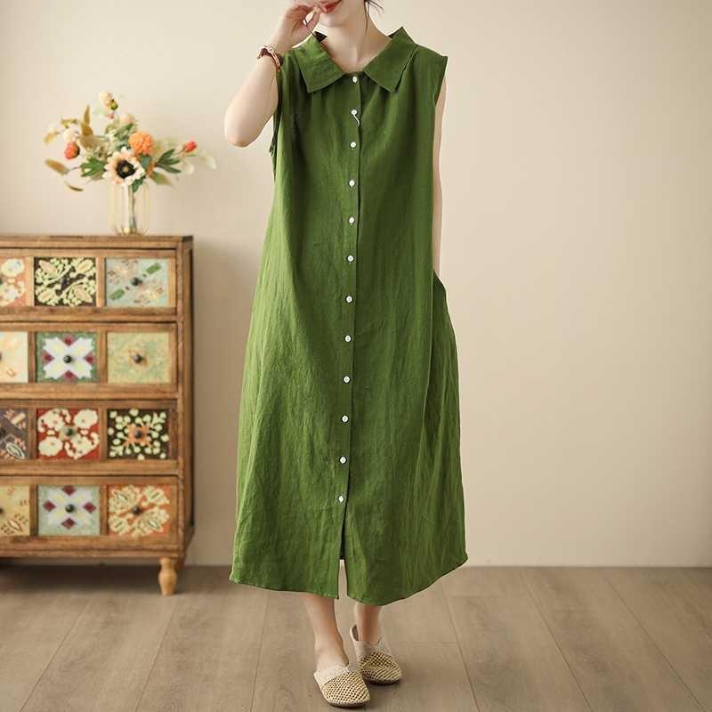 Green Sleeveless Shirt Dress Women's Summer New Design Sense Loose and Thin Lace-up Temperament Long Skirt