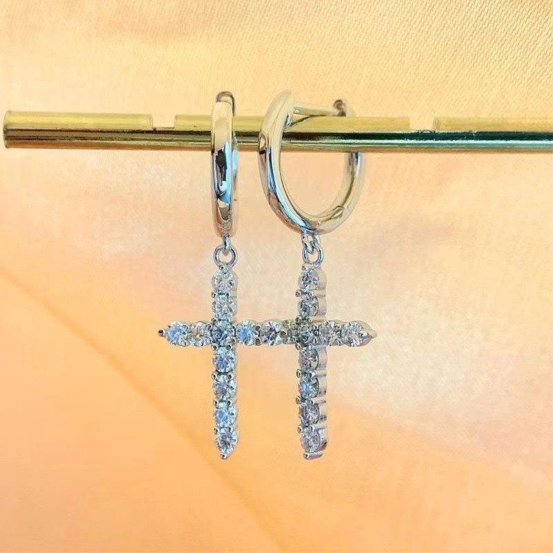 

Moissanite exquisite full diamond cross earrings men s and women s trend hip-hop style long earrings