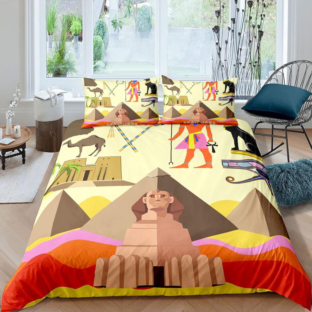 Egyptiska Pyramider Påslakan King Size Vuxen Forntida Egypten Stammönster Sängklädesset Afrikansk Vintage Exotisk Kamel Öken Täcke