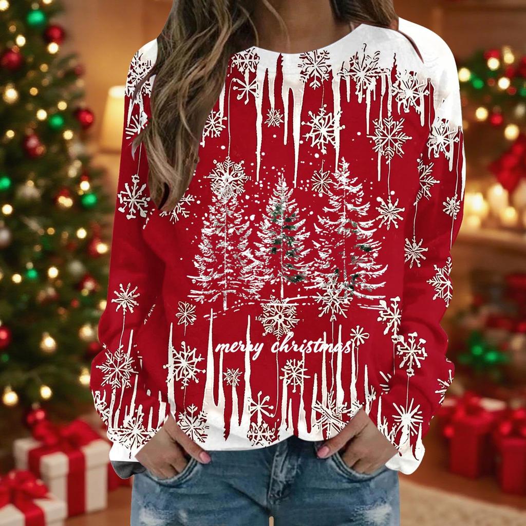 Women's Casual Long Sleeve Christmas Print Neck Top