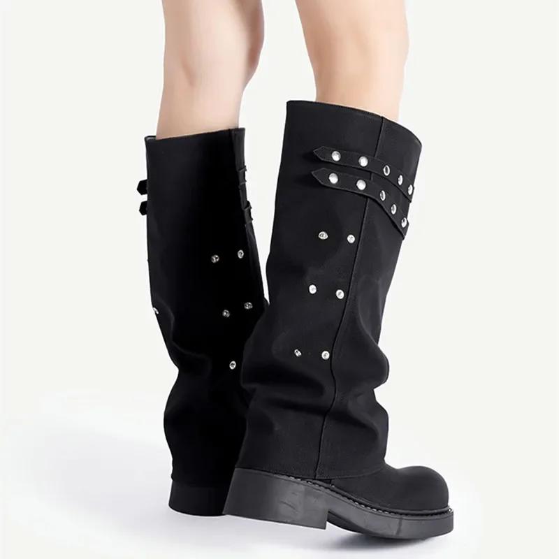 Punk Style Rivets Belt Buckle Design Knee Boots Women Fashion Round Toe Narrow Band Knight Boots Comfort Non-slip Platform Boots