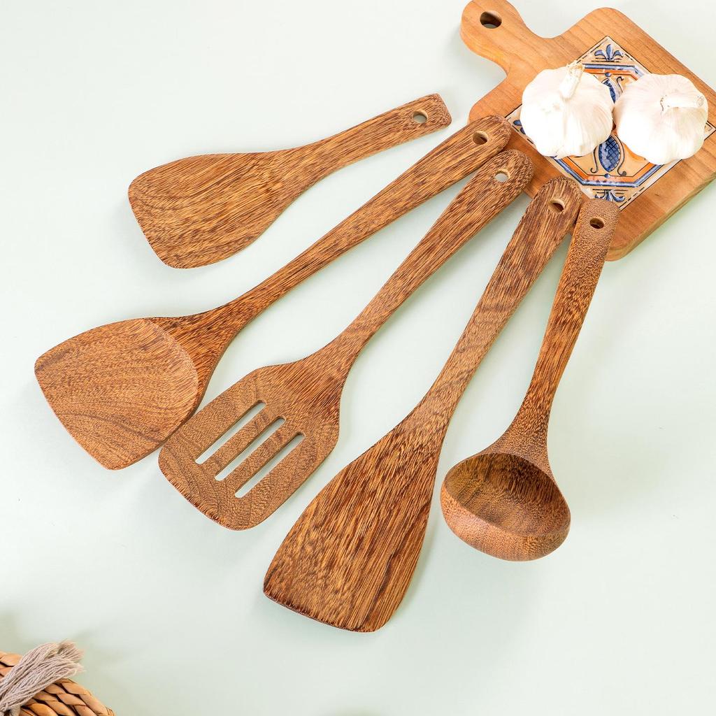 Unpainted Wenge Wood Long-Handled Spatula for Non-Stick Pans - Solid Wood Cooking Utensil, Ladle & Tableware