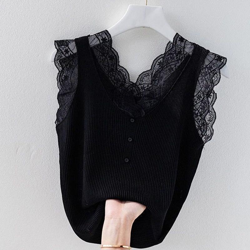 

Жилет-комбинезон из кружева для женщин, свободный крой для верхней и нижней одежды, базовое пальто, безрукавный жилет с нитками 4XL чёрный