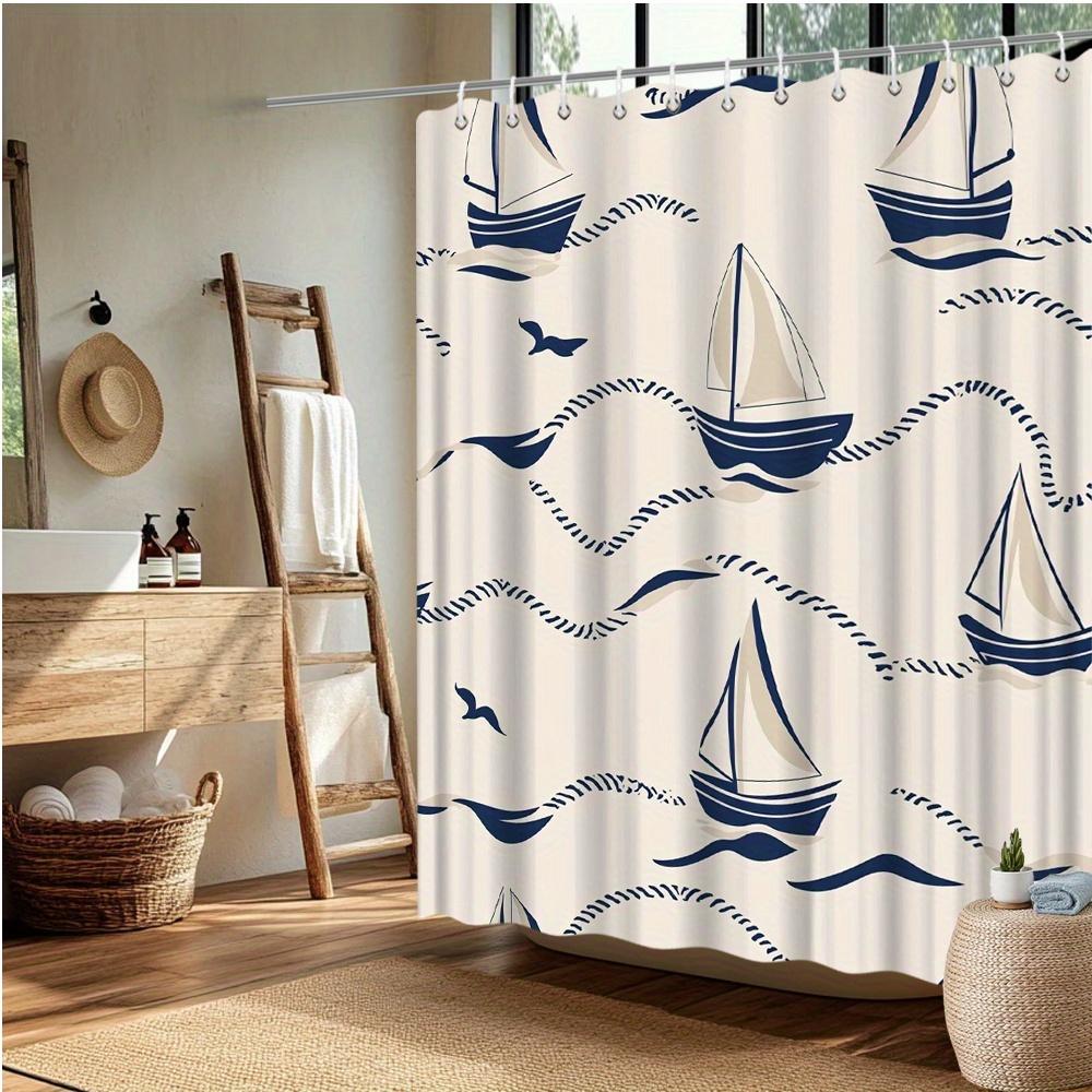 Nautical Sailboat Shower Curtain, Fade-Resistant Polyester, Sailboat & Seagull Design, Easy Installation, Beach Bath Decor