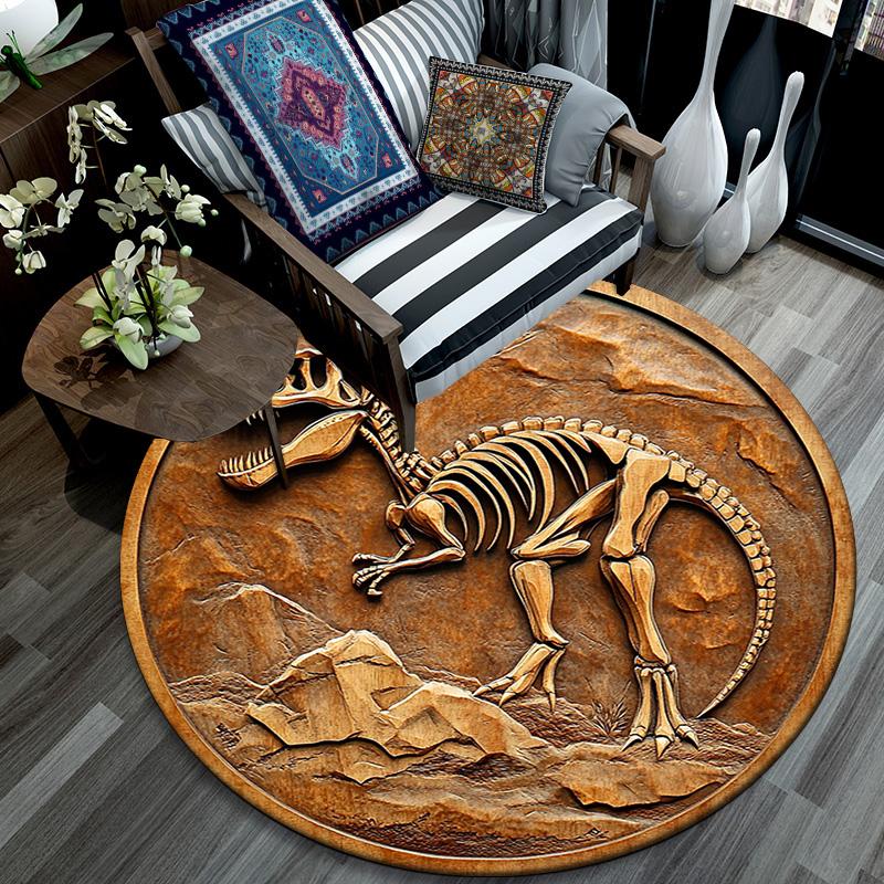 Dinosaur Fossil Relief Round Area Rug,Carpet Rug for Living Room Bedroom Sofa Playroom Decor,Non-slip Floor Mat