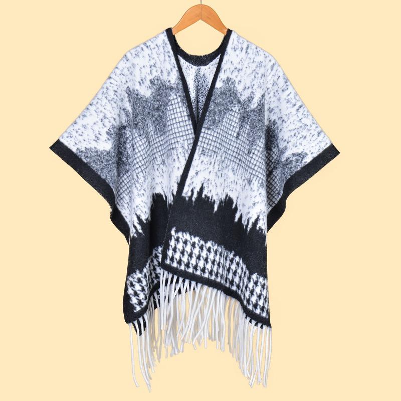 Ink painting Double-sided thickened shawl with women's autumn and winter retro high-end warm cape, scarf, large cape