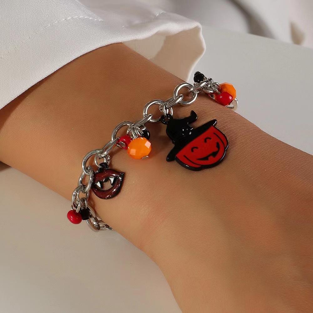 Personalized Fun Halloween Jewelry Combination Funny Gothic Skull Pumpkin Bat Bracelet Necklace Ring