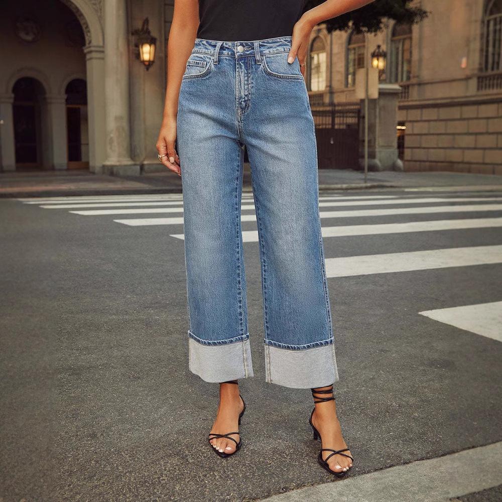Jeans da donna in denim a vita alta Pantaloni dritti elasticizzati da donna Pantaloni lunghi in jeans a tinta unita