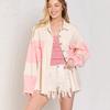 Spring and Summer New Vintage Washed Color-blocked Denim Jacket with Lapel and Casual Distressed Frilled Edges for Women