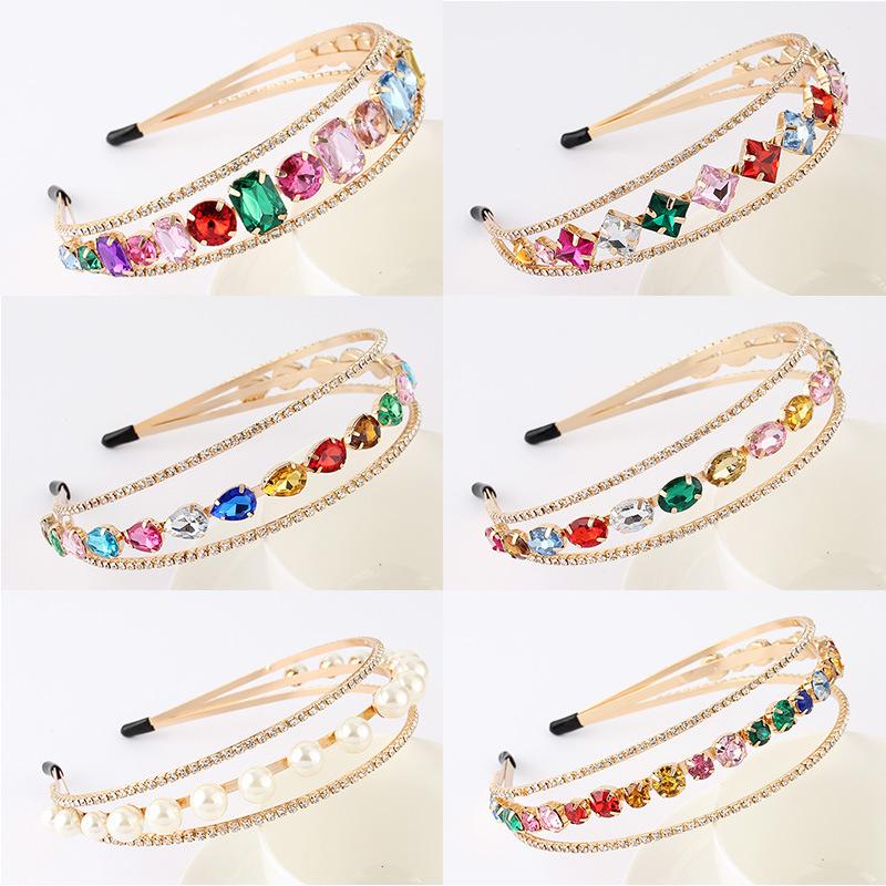 TREETIP Custom Logo Rhinestone Headband Three-layer Colorful Drop Shape Hair Accessories Women Bridal Japan Korean Style Retro