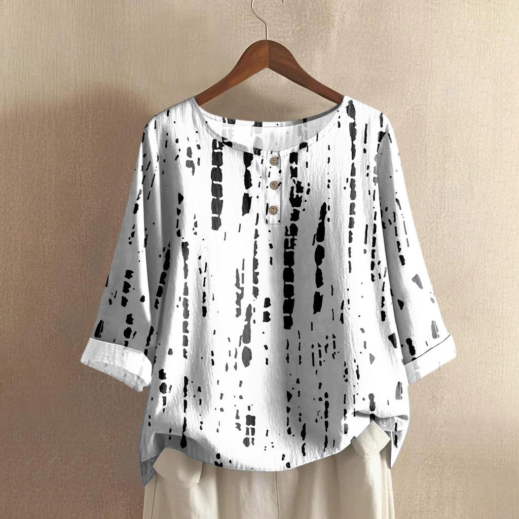 Women's Casual Three-quarter Sleeve Round Neck Gradient Color Printed Cotton And Linen Top