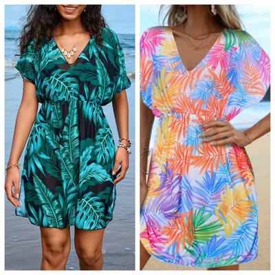 Damen Tropische Blätter Muster Strand Überwurf Kleid, V-Ausschnitt Durchsichtiger Badeanzug Überwurf